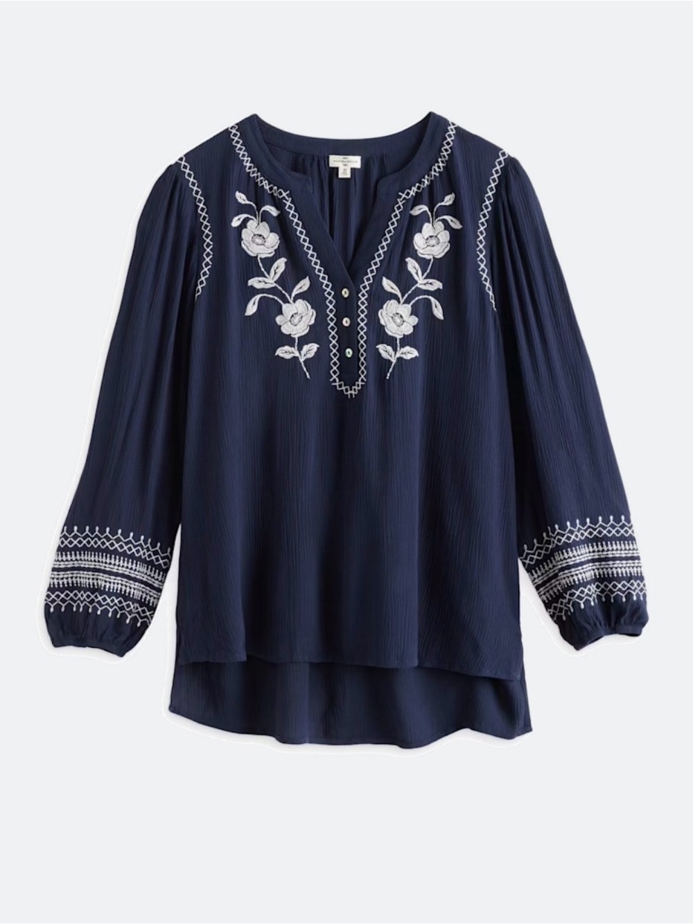 Market & Spruce Norah Embroidery Peasant Blouse Navy with White Floral